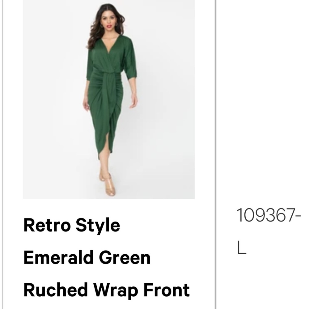 Unique Vintage Emerald Green Ruched Wrap Midi Dress